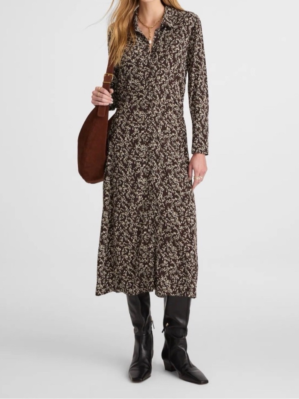 Madewell Brown Floral Long-Sleeve Midi Dress